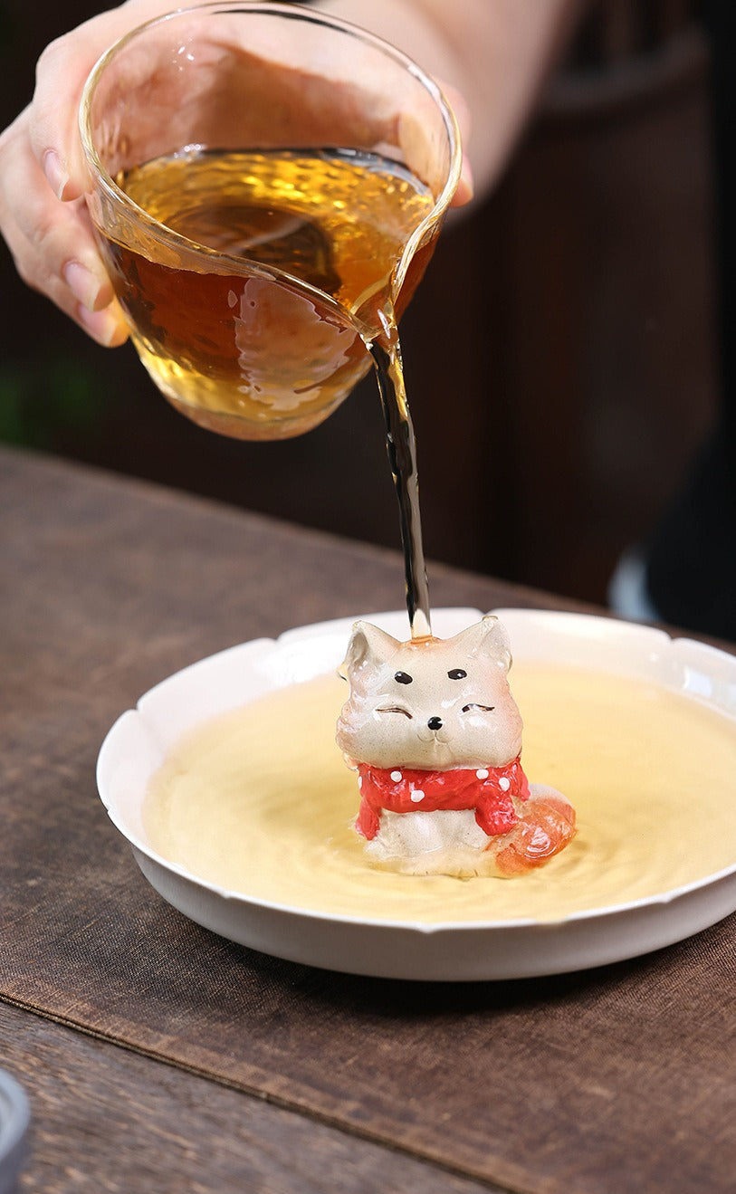 Gohobi Yixing Purple Clay Fox Cat Tea Pet – Hand-Painted Lucky Cat Ornament