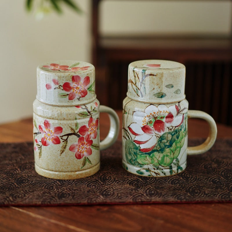 Gohobi Hand-Painted Blue and White Floral Mug with Lid Cup