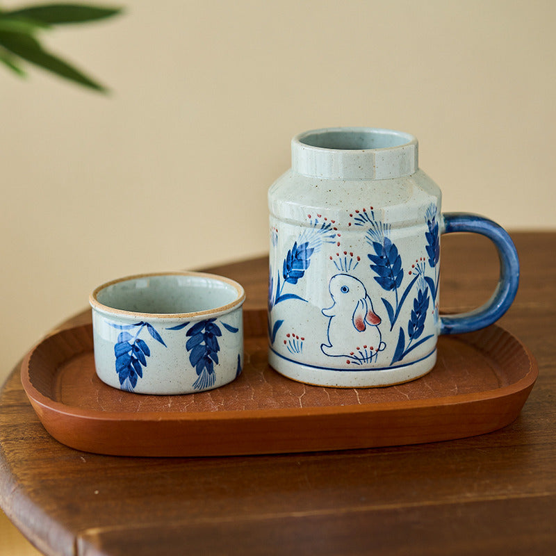 Gohobi Hand-Painted Blue and White Rabbit Mug with Lid Cup