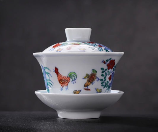 [Gohobi Gallery] Jingdezhen official ceramic hand-painted Chicken Gaiwan and Cup Set