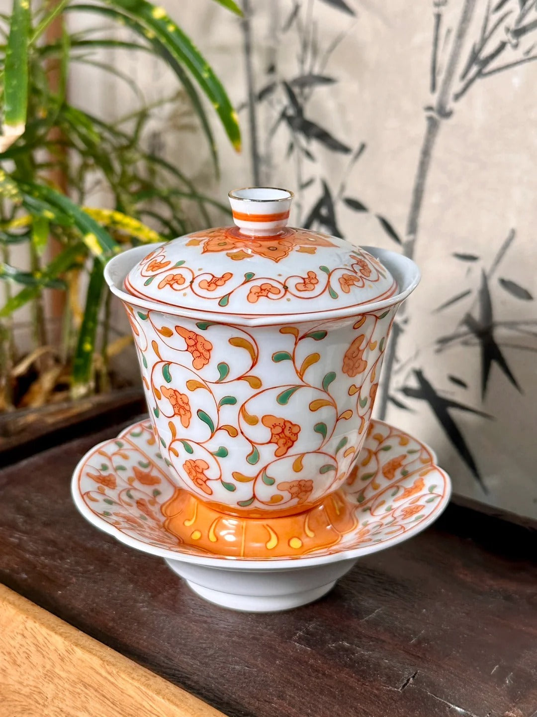 [清和堂 x Gohobi Gallery] Hand-painted Golden Red Orange Ganoderma Lucidum Pattern Tea Gaiwan Saucer Plate Tea Cup