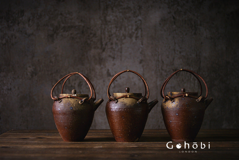 Gohobi Heat-Resistant Old Rock Mud Boiling Teapot – Coarse Pottery Beam-Lifted Stove Kettle (560ml)