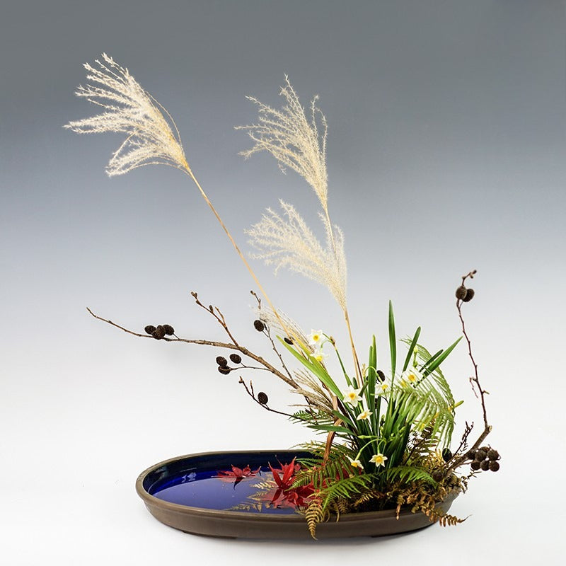 Gohobi Extra Large Oval Ikebana Bowl – Japanese Ceramic Flower Arrangement Vessel