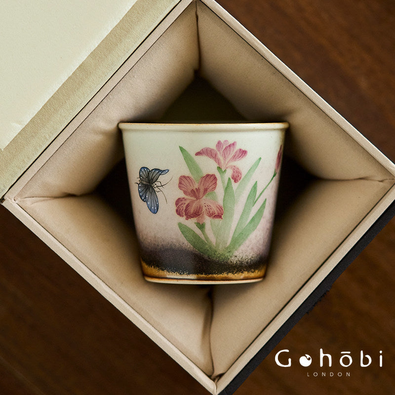 Gohobi Jingdezhen Hand-Painted Iris Teacup – Ceramic Gongfu Tea Master Cup Kiln Glaze