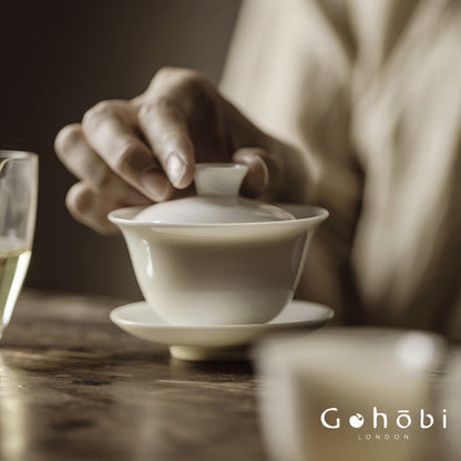 Gohobi Handmade White Jade Porcelain Gaiwan – Thin Porcelain Tea Bowl with Saucer