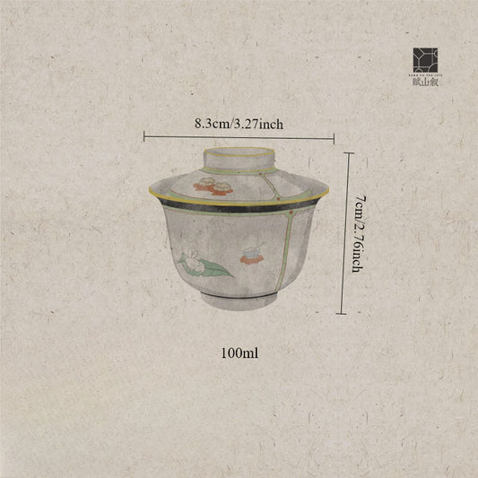 [賦山敘 x Gohobi] “Garden Offering” Green & Ink-Rimmed Gaiwan – Small Hand-Painted Ceramic Gongfu Tea Bowl for Rock Tea