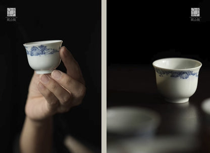 [賦山敘 x Gohobi] Blue and White Landscape Teacup Set – 3pcs Hand-Painted Porcelain Gongfu Cups with Minimalist Brushwork