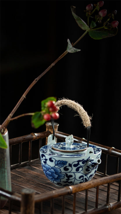 Gohobi Blue and White Porcelain Hemp Rope Handle Teapot