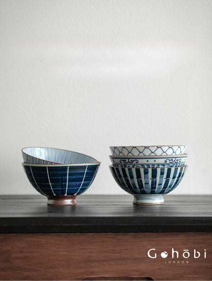 Gohobi Japanese Ancient Dyed Blue Rice Bowl – Minoya Porcelain Tableware [Made in Japan]