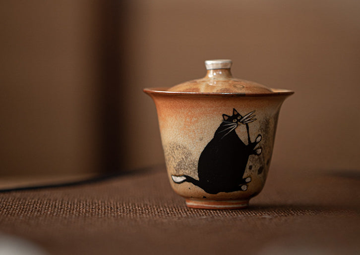 Gohobi Handmade Black Ink Hand-painted Cat Gaiwan 010