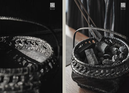 [賦山敘 x Gohobi] Handwoven Double-Layer Bamboo Charcoal Basket – Japanese-Style Aged Finish with Lacquered Ash Holder for Teaware Rituals