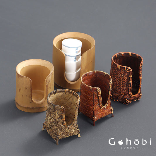 Gohobi Bamboo Woven Tea Cup Holder Basket – Zen Style Tea Set Storage Tube & Chopstick Basket