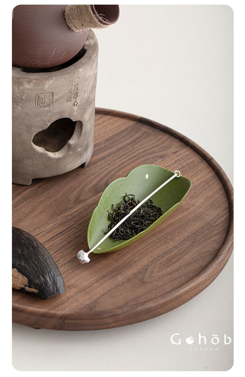 Gohobi Green Leaf Tea Spoon Set – Ceramic Gold Accent Tea Scoop and Tea Needle Set