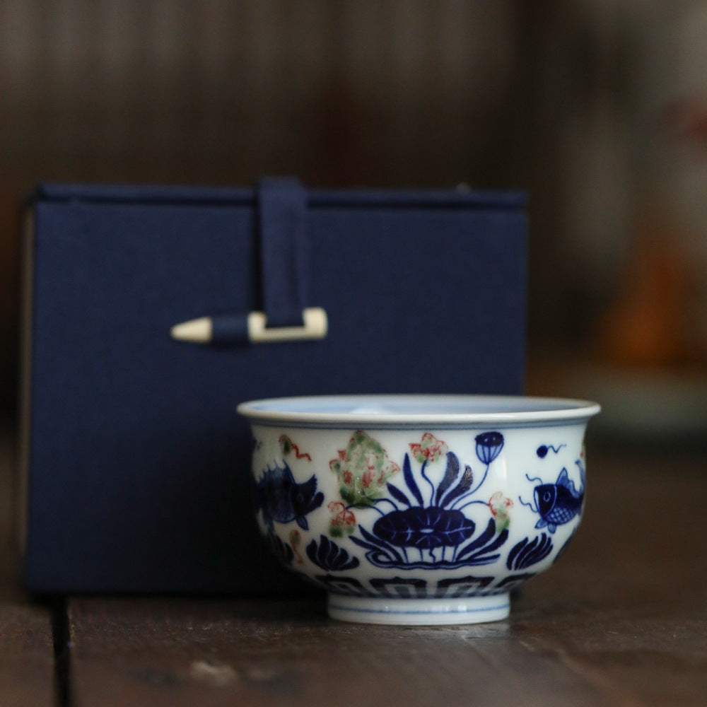 Gohobi Hand-painted Wood-fired Red, Blue and White Fish Yongle Hand-pressed Tea Cup