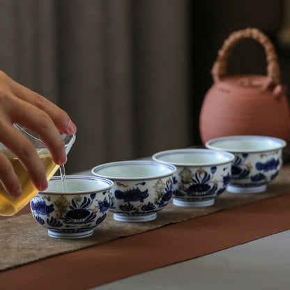 Gohobi Hand-painted Wood-fired Red, Blue and White Fish Yongle Hand-pressed Tea Cup