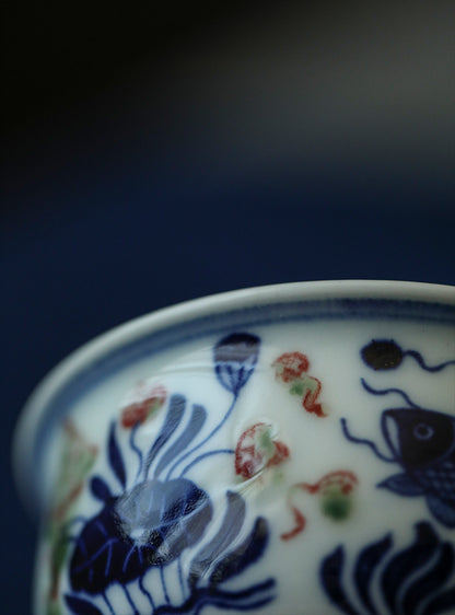 Gohobi Hand-painted Wood-fired Red, Blue and White Fish Yongle Hand-pressed Tea Cup