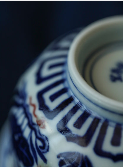 Gohobi Hand-painted Wood-fired Red, Blue and White Fish Yongle Hand-pressed Tea Cup