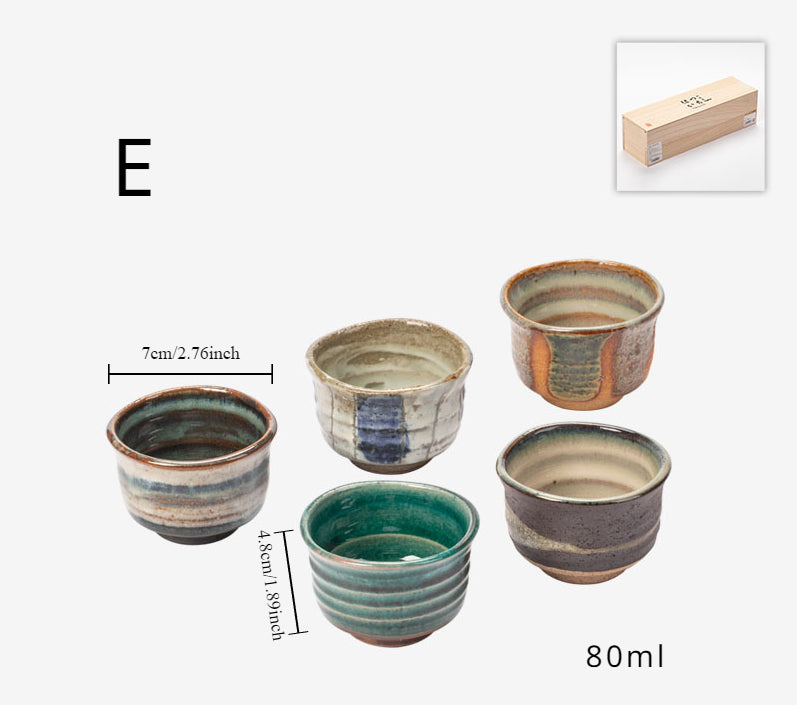 Gohobi Mino Yaki Evening Breeze Teacup Set - 5-Piece Simple Ceramic Cups with Wooden Box