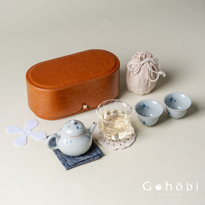 Gohobi Hand-Painted Orchid Travel Tea Set – Portable Gongfu Teapot Gift Set with Leather Case