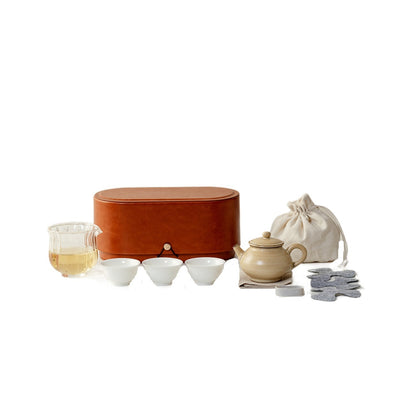 Gohobi Portable Gongfu Tea Set – Luxury Travel Tea Set Teapot & Three-Cup Set with Leather Case