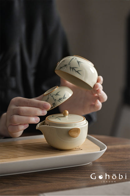 Gohobi Plant Ash Hand-Painted Travel Tea Set – Portable Gaiwan Set with Two Cups