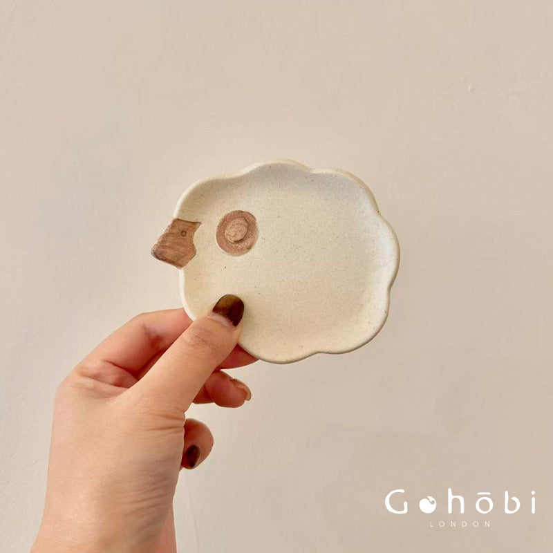 Gohobi Japanese Minoya Ceramic Small Dessert Plate Sheep and Apple Shaped [Made in Japan]