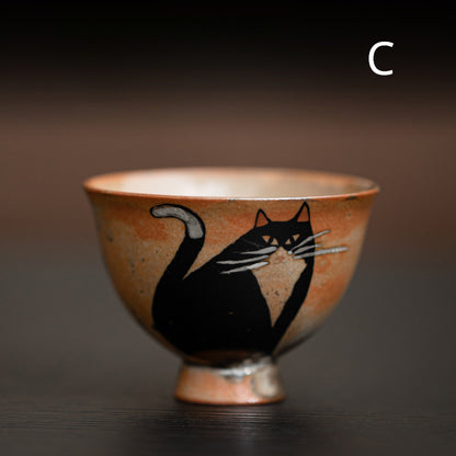 Gohobi Handmade Black Ink Hand-painted Cat Tea Cup 002