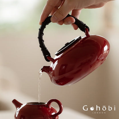 Gohobi Ochre Dream Red Fireplace Teapot – Japanese-Style Coarse Pottery Rattan Beam Kettle