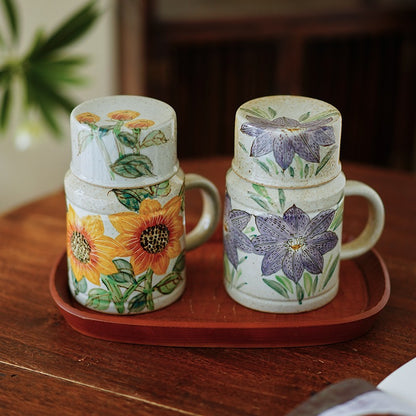 Gohobi Hand-Painted Blue and White Floral Mug with Lid Cup