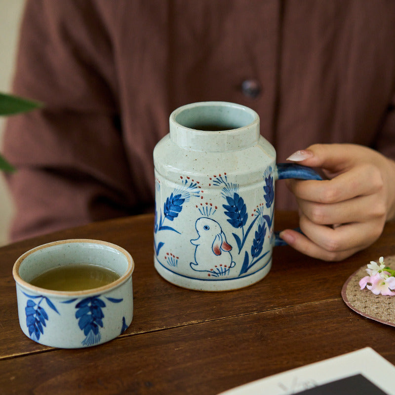 Gohobi Hand-Painted Blue and White Rabbit Mug with Lid Cup