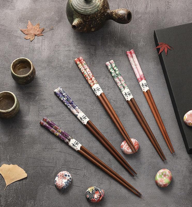 Gohobi A Set of 5 Pairs of Japanese Cherry Blossom Wooden Chopsticks and Rests