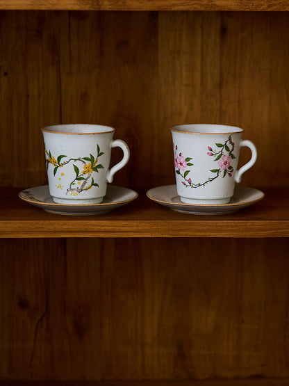 Gohobi Handmade Vintage hand-painted Floral Japanese Stoneware Coffee Mug and Saucer Set