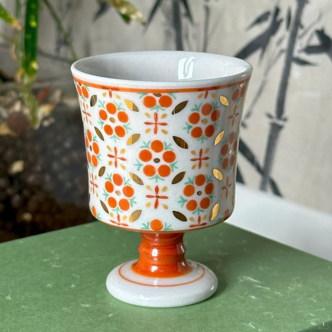 [清和堂 x Gohobi Gallery] Hand-painted Golden Red Orange Lotus Tea Cup with Stem