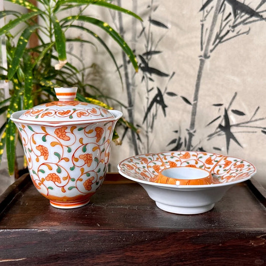 [清和堂 x Gohobi Gallery] Hand-painted Golden Red Orange Ganoderma Lucidum Pattern Tea Gaiwan Saucer Plate Tea Cup