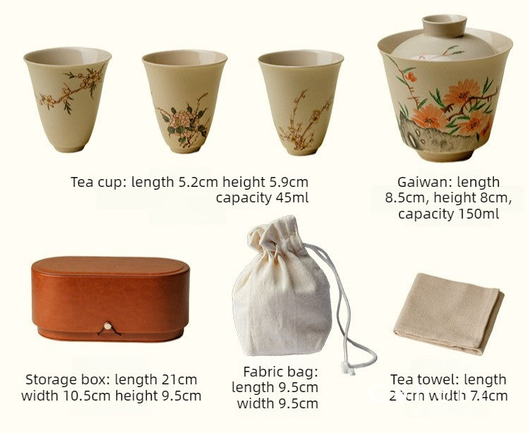 Gohobi Wood Ash Glaze Travel Tea Set – Hand-Painted Gaiwan Tea Set with Leather Case