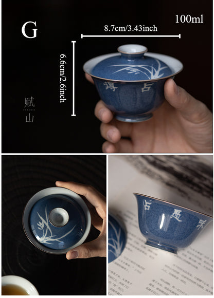 [賦山敘 x Gohobi] Splash-Blue Gaiwan Collection – Single Handmade Jingdezhen Ceramic Gongfu Tea Bowl