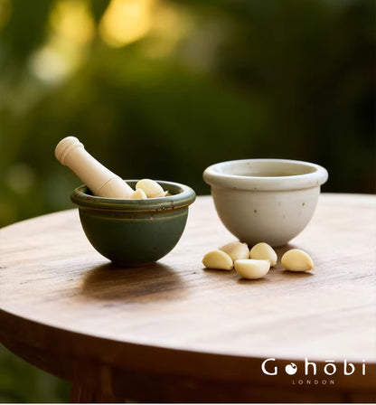 Gohobi Ceramic Garlic Masher Mortar Bowl – Handmade Garlic Crusher and Chili Grinding Bowl