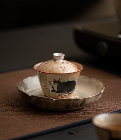 Gohobi Handmade Black Ink Hand-painted Cat Gaiwan 007