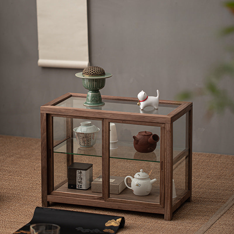 Gohobi Walnut Wood Glass Tea Cabinet (Double Sliding Door)