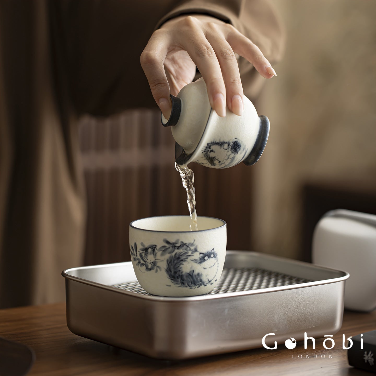 Gohobi Cute Cat Ceramic Travel Tea Set – Portable Gaiwan Tea Cup Set for One