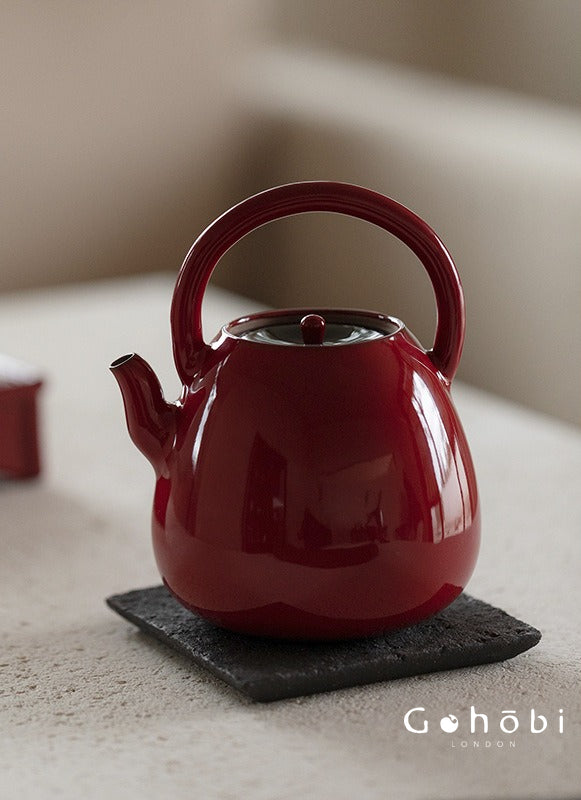 Gohobi Ochre Dream Red Fireplace Teapot – Japanese-Style Coarse Pottery Rattan Beam Kettle