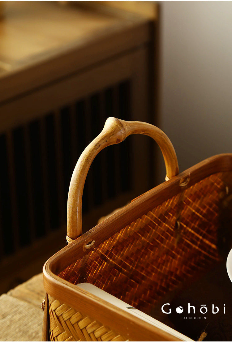 Gohobi Bamboo Woven Hand Basket – Handmade Snack, Fruit & Tea Set Storage Basket for Picnic or Home