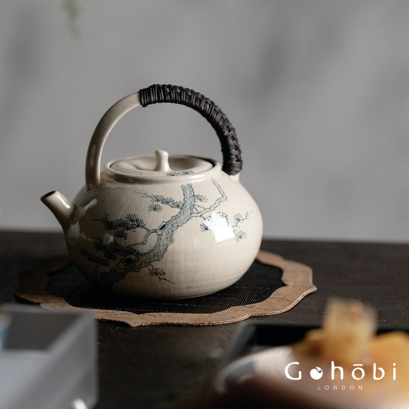 Gohobi Outdoor Portable Blue & White Teapot – Rattan Beam Open Flame Brewing Kettle (400ml)