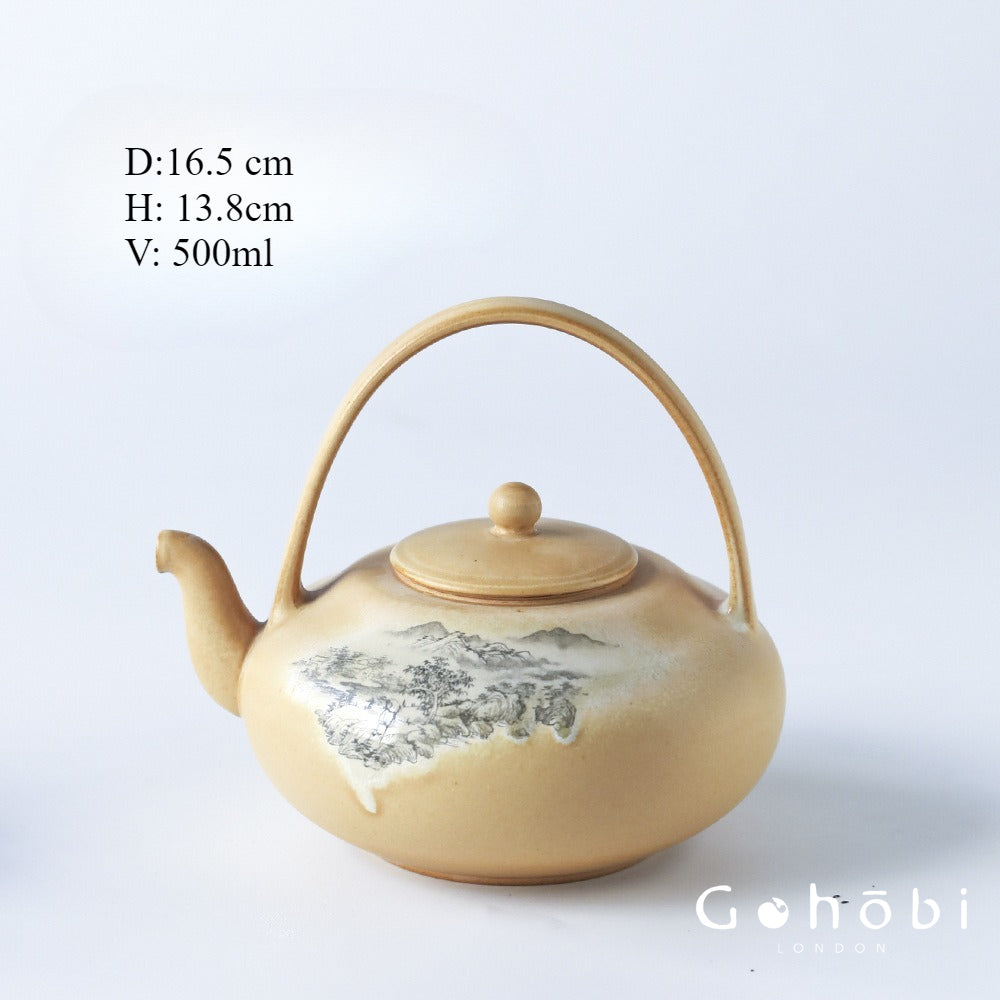 Gohobi Firewood-Style Mini Stove Teapot – Hand-Painted Landscape Charcoal Tea Pot