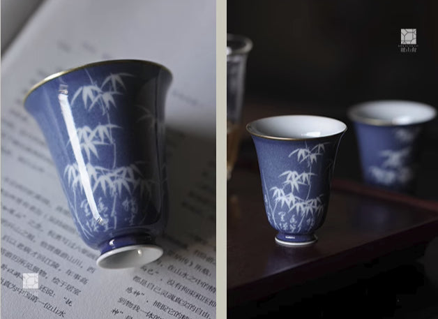 [賦山敘 x Gohobi] “Bamboo Pavilion” Splash-Blue Carved Aroma Cup – Single Ceramic Gongfu Master Tasting Cup