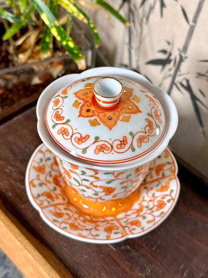 [清和堂 x Gohobi Gallery] Hand-painted Golden Red Orange Ganoderma Lucidum Pattern Tea Gaiwan Saucer Plate Tea Cup