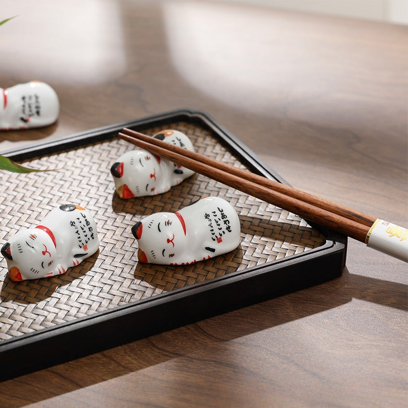 Gohobi A Set of 5 Pairs of Lucky Cat Wooden Chopsticks and Rests