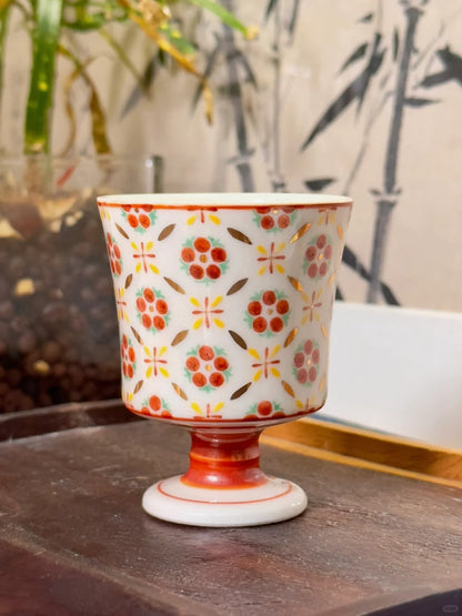 [清和堂 x Gohobi Gallery] Hand-painted Golden Red Orange Lotus Tea Cup with Stem