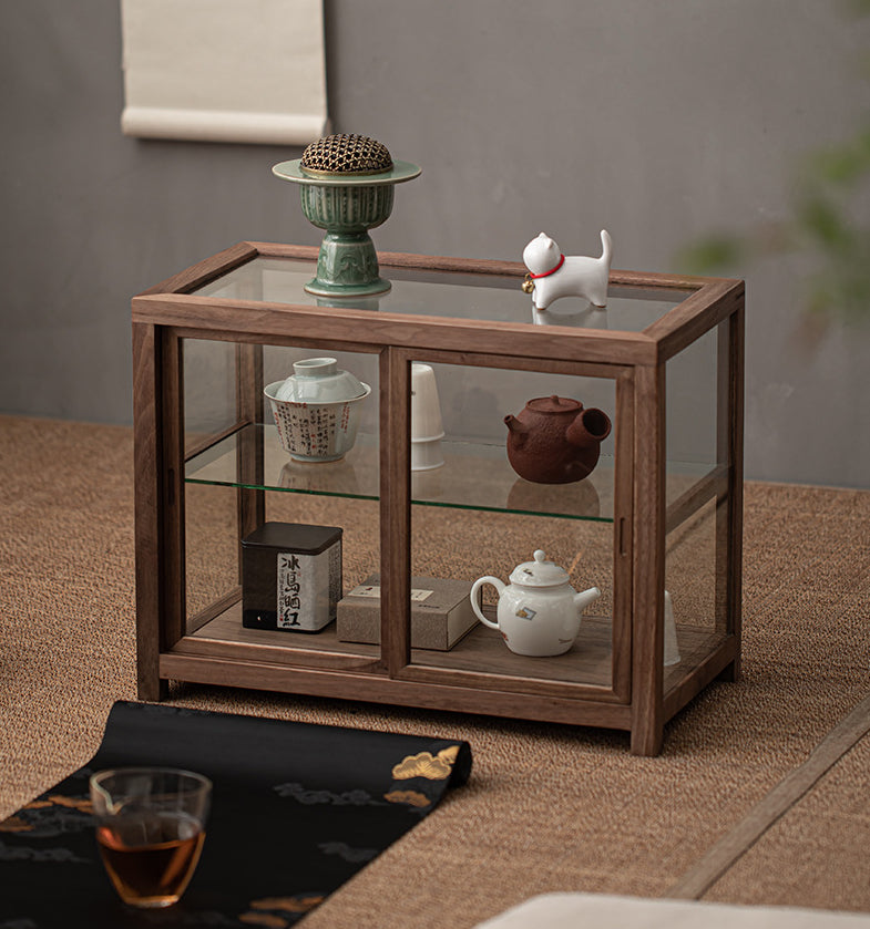 Gohobi Walnut Wood Glass Tea Cabinet (Double Sliding Door)