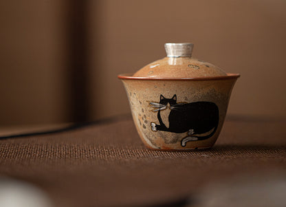 Gohobi Handmade Black Ink Hand-painted Cat Gaiwan 007